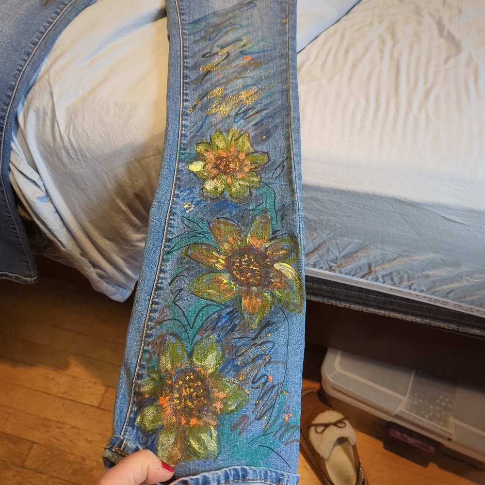 Hand-Painted Blue Floral Women’s Jeans